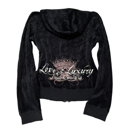 2003 Vtg Juicy Couture "Love and Luxury" Women Black Velour Zip-Up Hoodie Size S