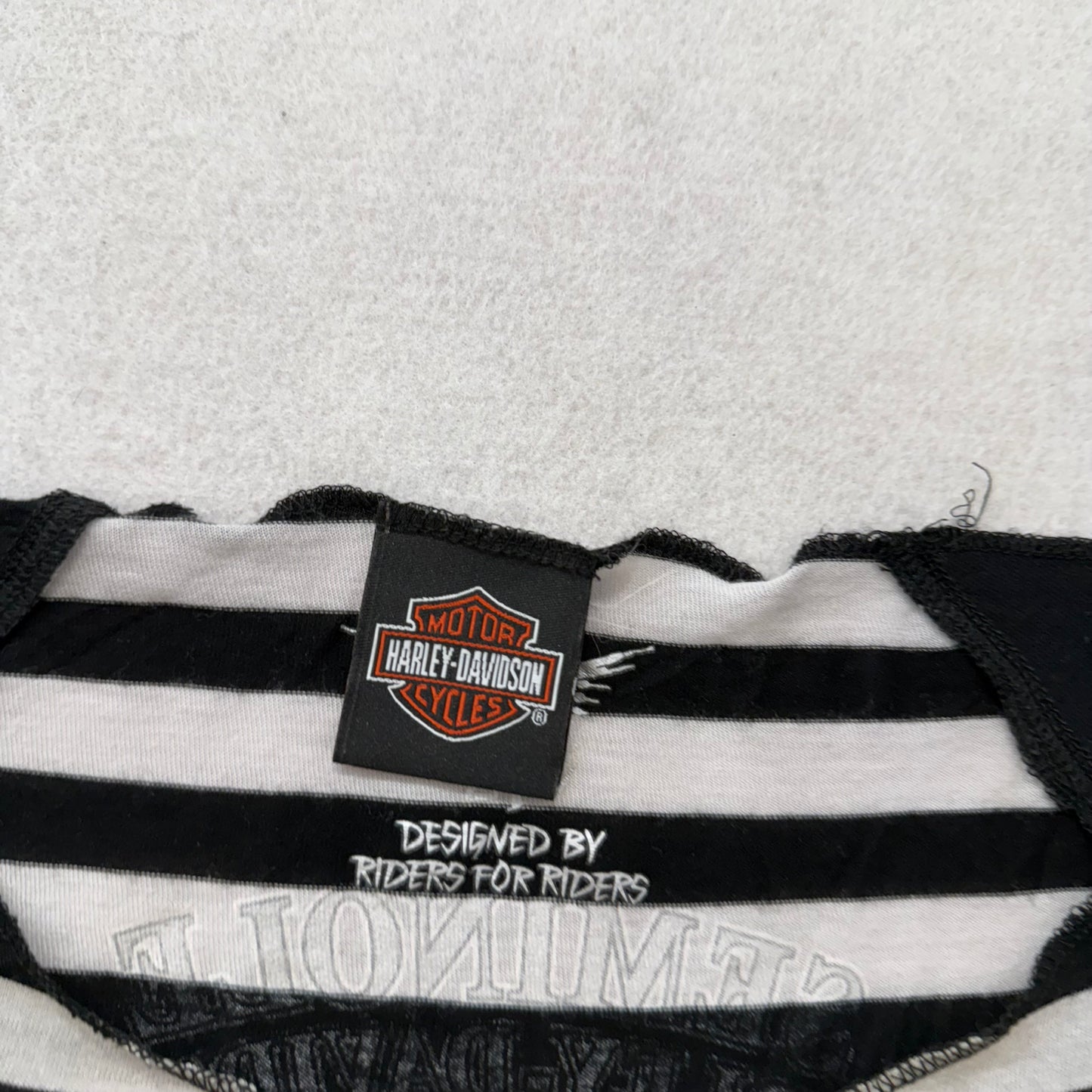 Harley-Davidson Women's Black White Striped Top Raglan Cut Curved Hem Y2K Size S