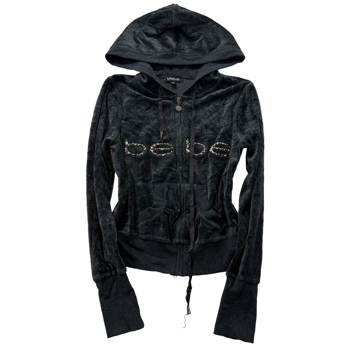 Bebe Women's Black Velour Zip-Up Hoodie Drawstring Rhinestones Logo Y2k Size M
