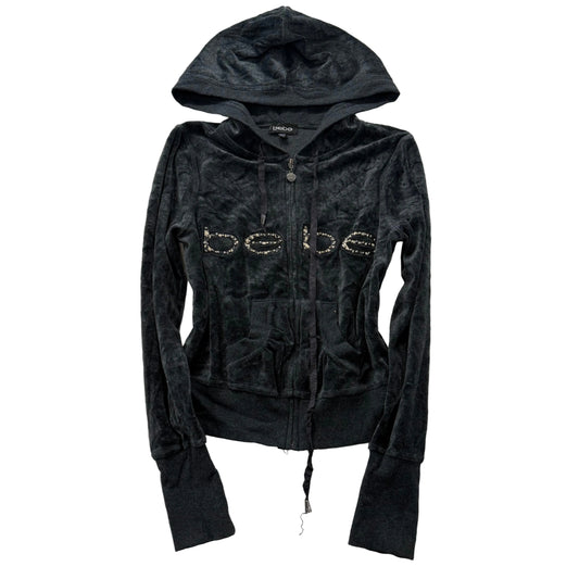 Bebe Women's Black Velour Zip-Up Hoodie Drawstring Rhinestones Logo Y2k Size M