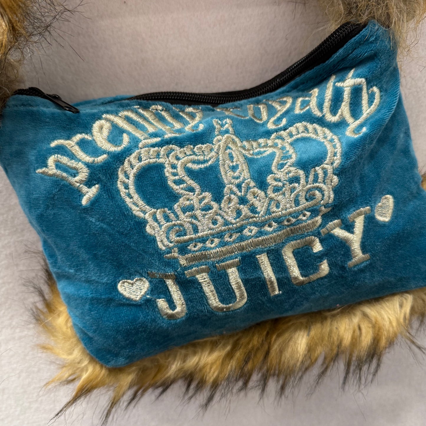 Juicy Couture Teal Blue Velour Casual Wear Embroider Faux Fur Shoulder Tote Bag
