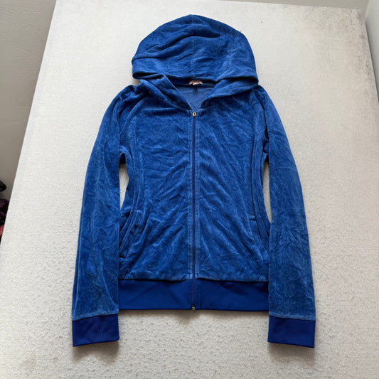 Juicy Couture Women's Royal Blue Velour Zip-Up Hoodie Rhinestones Logo Size XL