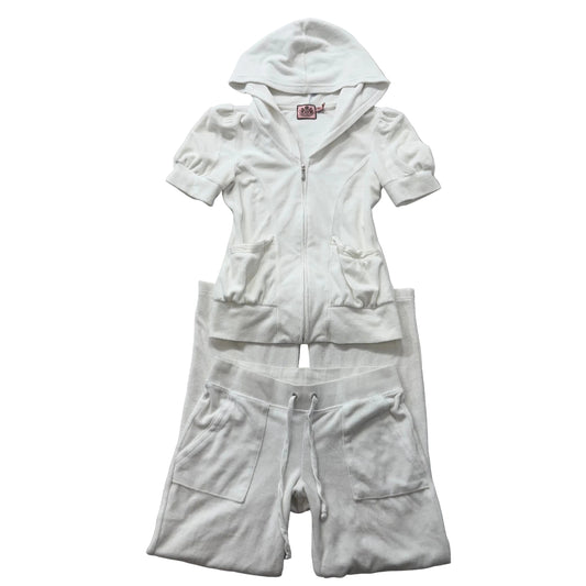 Juicy Couture White Terrycloth Tracksuit Set Zip Up Hoodie & Flared Pant Size S