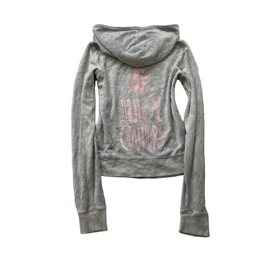 Juicy Couture Women Gray Velour Zip-Up Hoodie Pockets Loungewear Dog Logo Size S