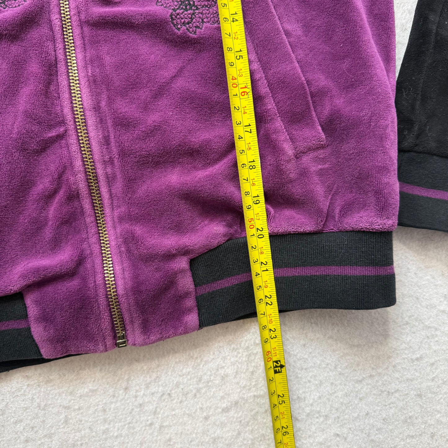 Juicy Couture Women Purple Black Velour Two Tone Floral Embroidery Jacket Size S