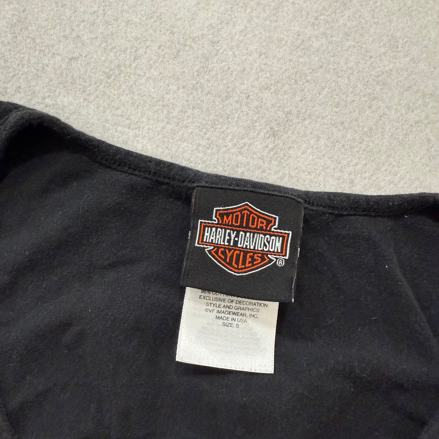 Harley Davidson Women Jet Black Cotton Tank Top Shredded Shoulder Graphic Size S