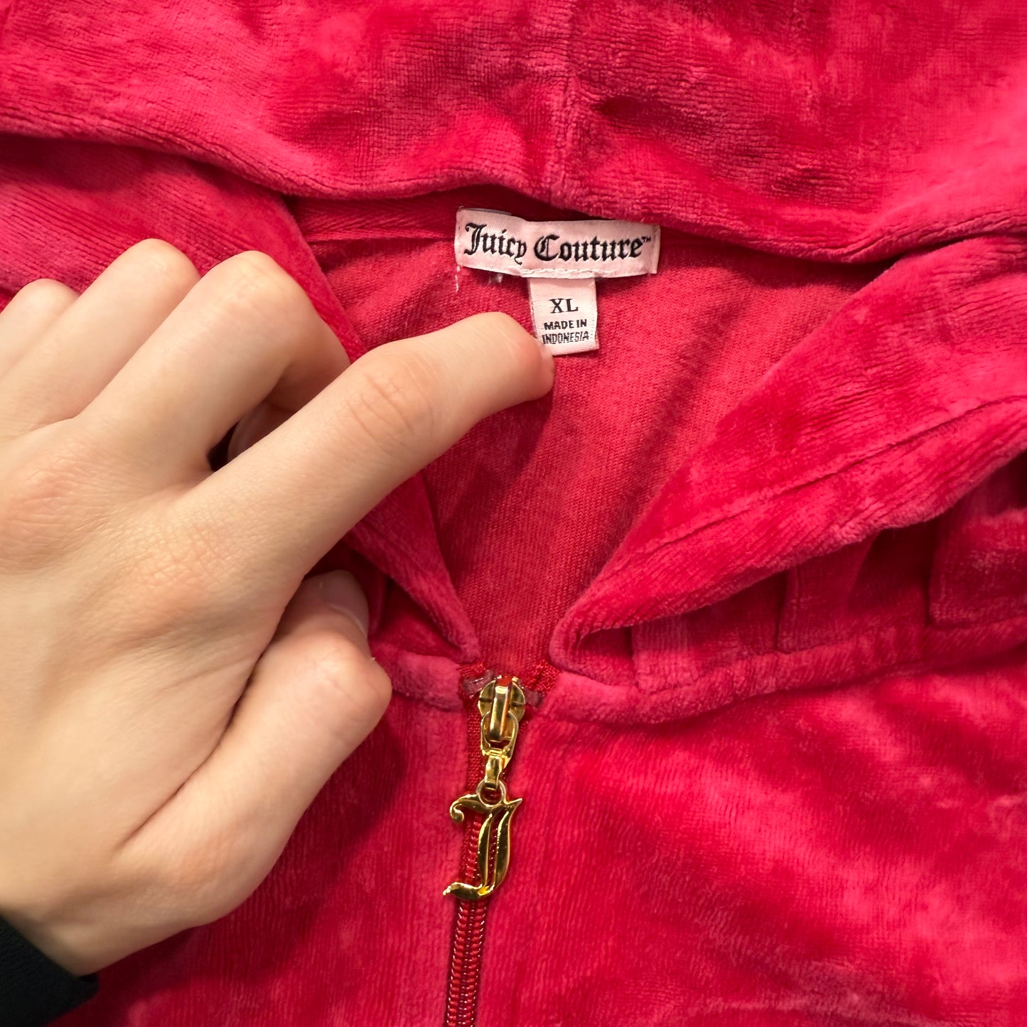 Juicy Couture Women's Dark Hot Pink Velour Hoodie Rhinestone Crown Logo Size XL