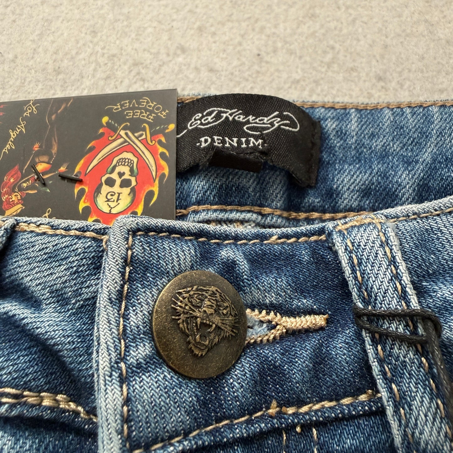 Ed Hardy Women's Blue Skull Rose Graphic Flare Denim Jeans Tattoo Print Size 24