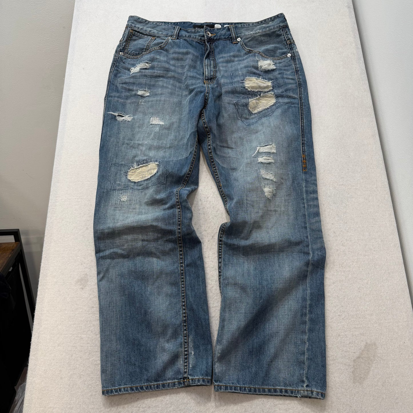 Rocawear Men’s Blue Denim Baggy Original Fit Jeans Distressed Patched Y2K Size 42