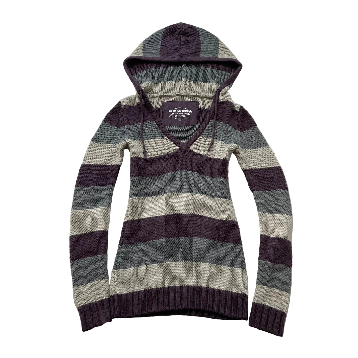 Arizona Jean Co Women's Purple Gray Striped Knit V-Neck Hooded Sweater Size S