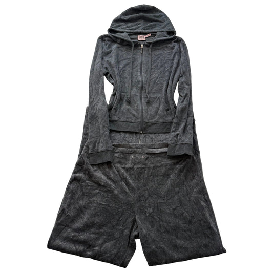 Vintage Juicy Couture Women's Charcoal Gray Velour Tracksuit Set Y2k Size L/XL