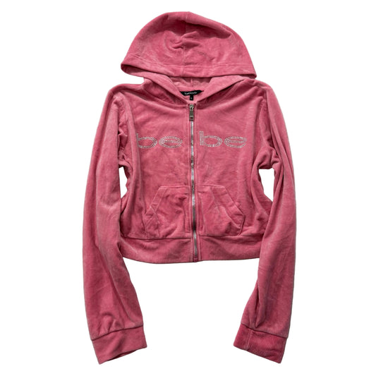 Bebe Women's Candy Pink Velour Full Zip Cropped Hoodie Rhinestones Logo Size XL