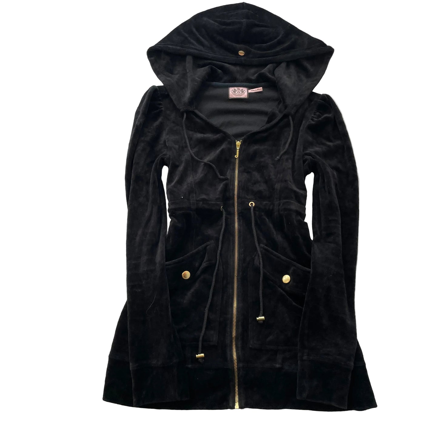 Juicy Couture Womens Black Velour Zip-Up Hooded Jacket Pockets Drawstring Size M