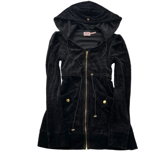 Juicy Couture Womens Black Velour Zip-Up Hooded Jacket Pockets Drawstring Size M