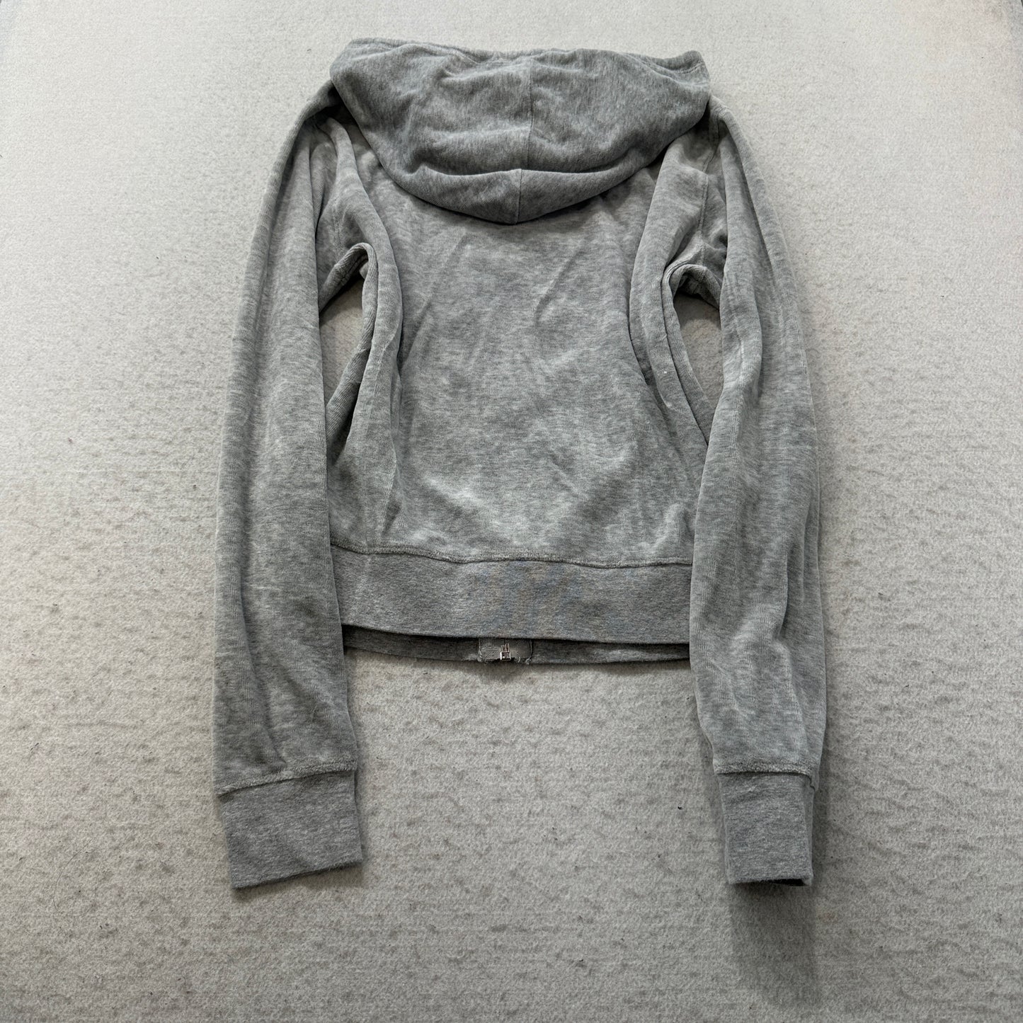 Vintage Juicy Couture Women's Grey Velour Zip-Up Hoodie Drawstring Pocket Size S