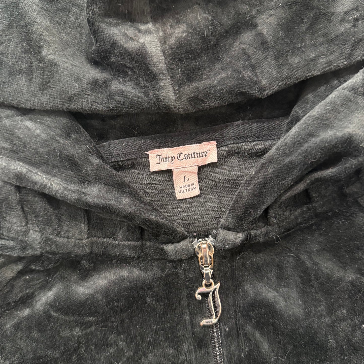 Juicy Couture Women's Black Velour Full Zip Hoodie Glitter Heart Logo Y2K Size L