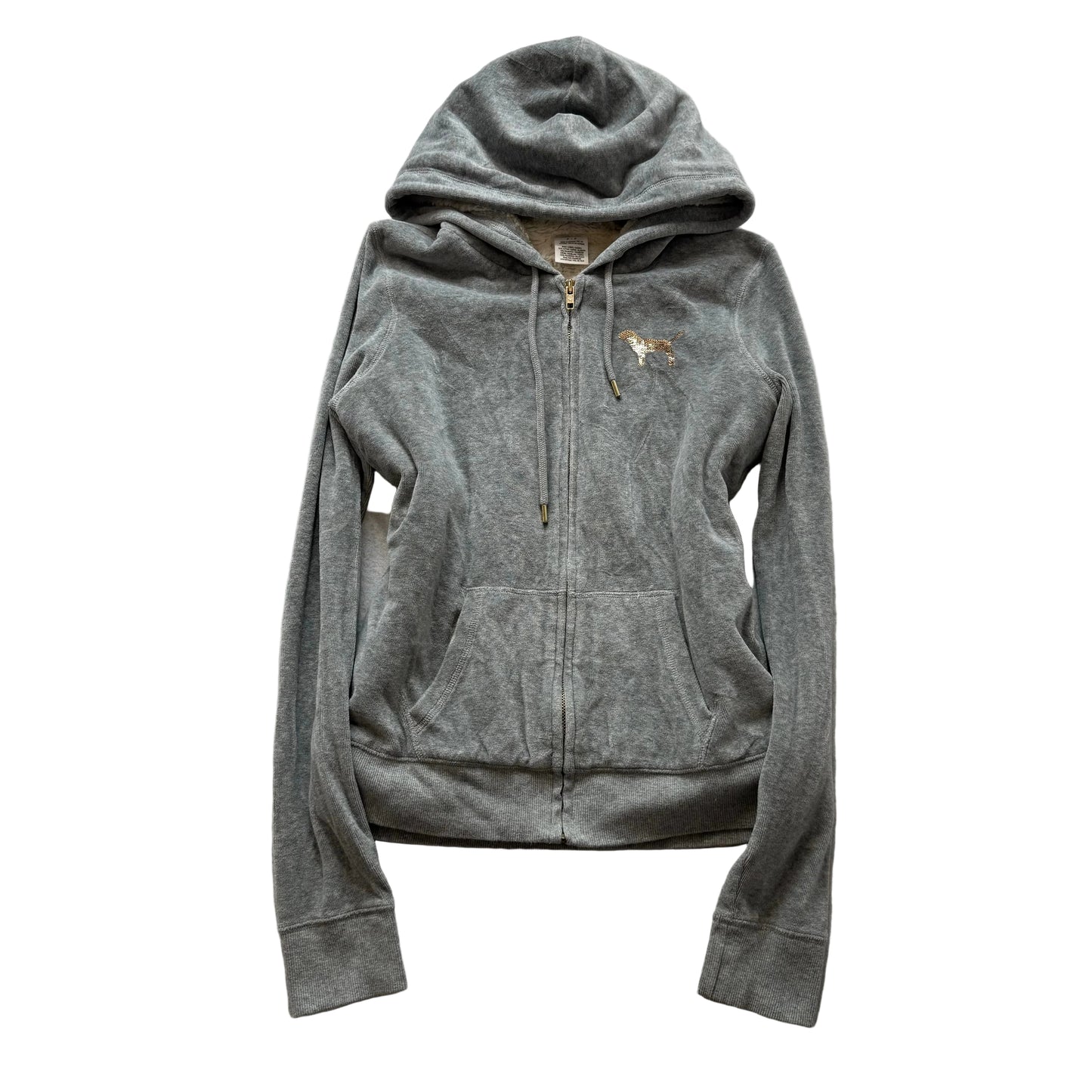 PINK Victoria's Secret Women's Gray Velour Hoodie Fur Lined Sequins Logo Size S