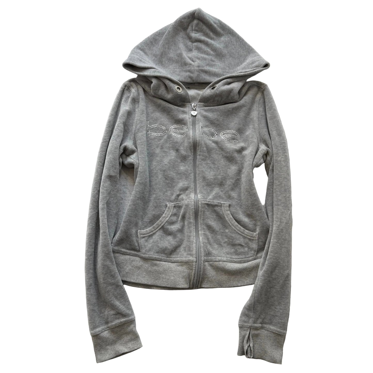 Bebe Women's Gray Velour Full Zip Hoodie Rhinestone Logo Pockets Y2k Size S