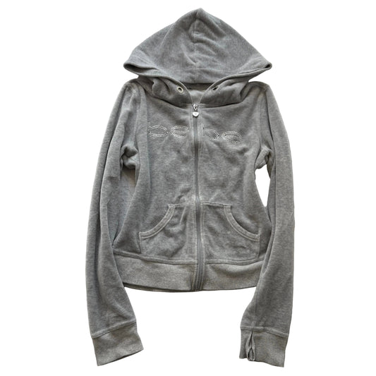 Bebe Women's Gray Velour Full Zip Hoodie Rhinestone Logo Pockets Y2k Size S