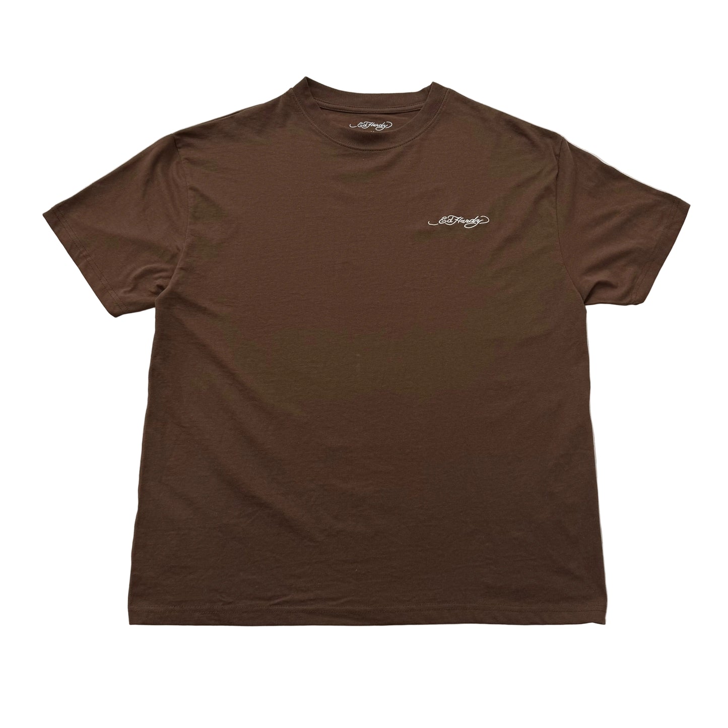 ED HARDY WHITE EMBROIDERED LOGO BROWN TEE
