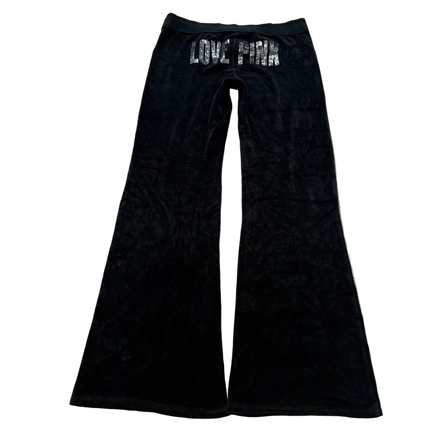 Victoria's Secret PINK Women's Black Velour Flared Track Pant Sequin Logo Size S