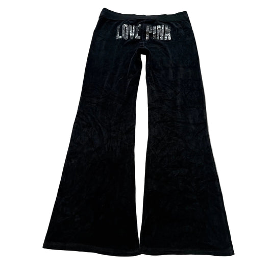 Victoria's Secret PINK Women's Black Velour Flared Track Pant Sequin Logo Size S