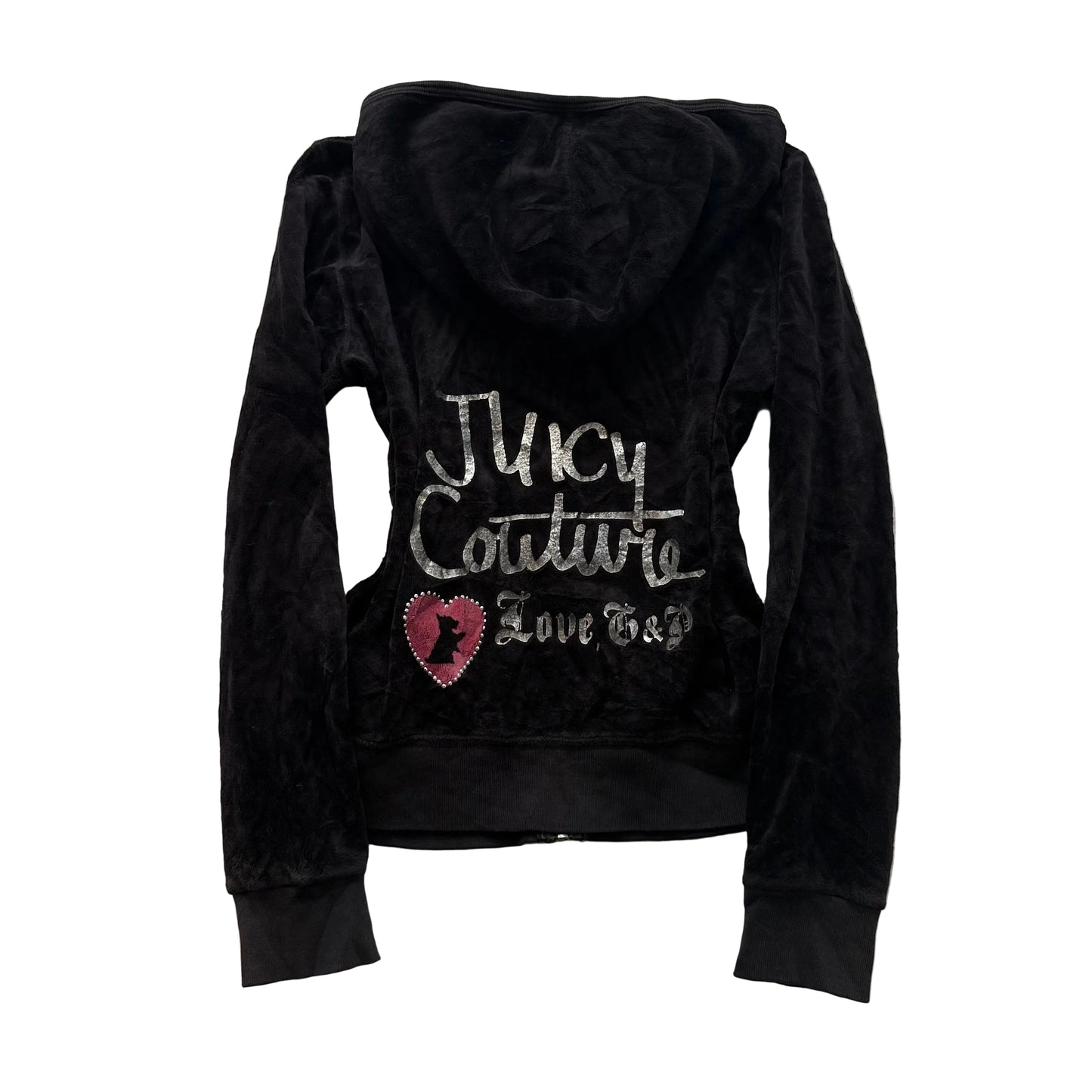 Juicy Couture Women's Black Velour Zip-Up Hoodie Loungewear Graphic Logo Size 12