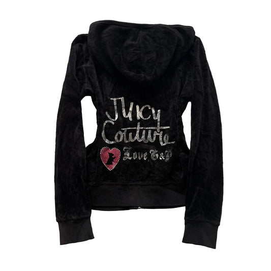 Juicy Couture Women's Black Velour Zip-Up Hoodie Loungewear Graphic Logo Size 12