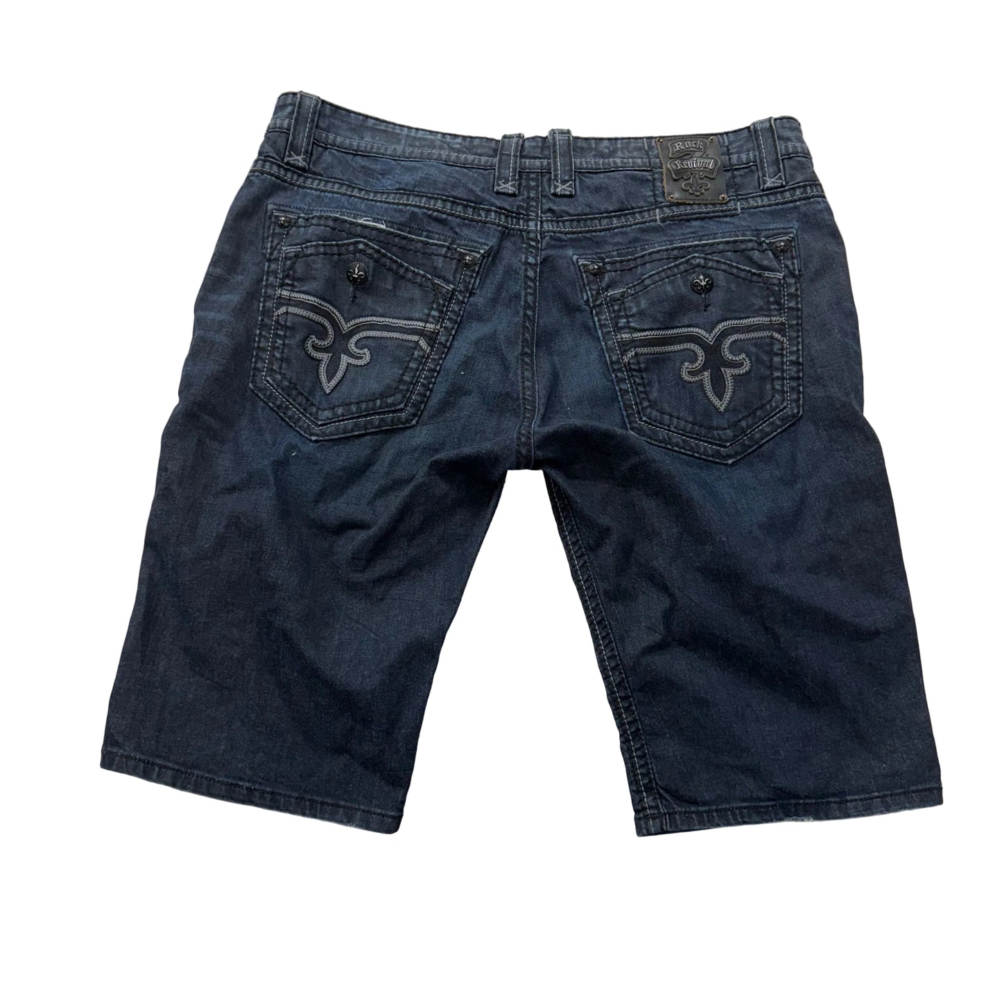 Rock Revival Leslie Dark Washed Indigo Denim Shorts Fleur-de-lis Pockets Size 42