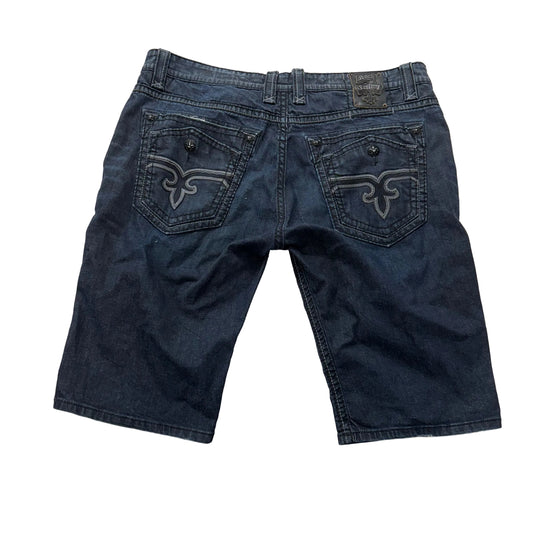Rock Revival Leslie Dark Washed Indigo Denim Shorts Fleur-de-lis Pockets Size 42