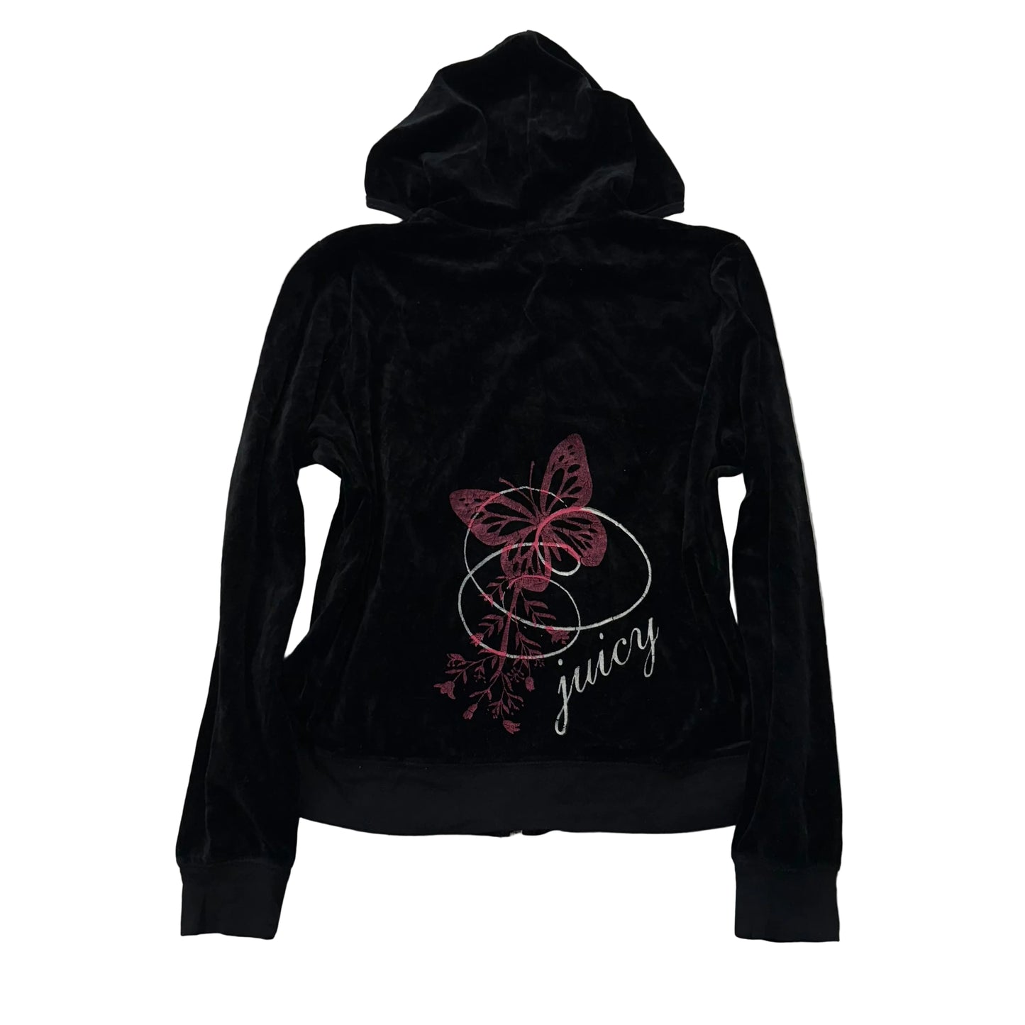Juicy Couture Women's Jet Black Velour Zip Up Hoodie Graphic Logo Preppy Size XL