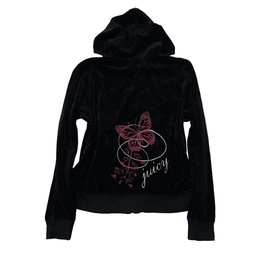 Juicy Couture Women's Jet Black Velour Zip Up Hoodie Graphic Logo Preppy Size XL