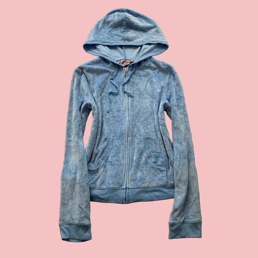 Vintage Juicy Couture Women's Pastel Blue Velour Zip-Up Hoodie Drawstring Size L
