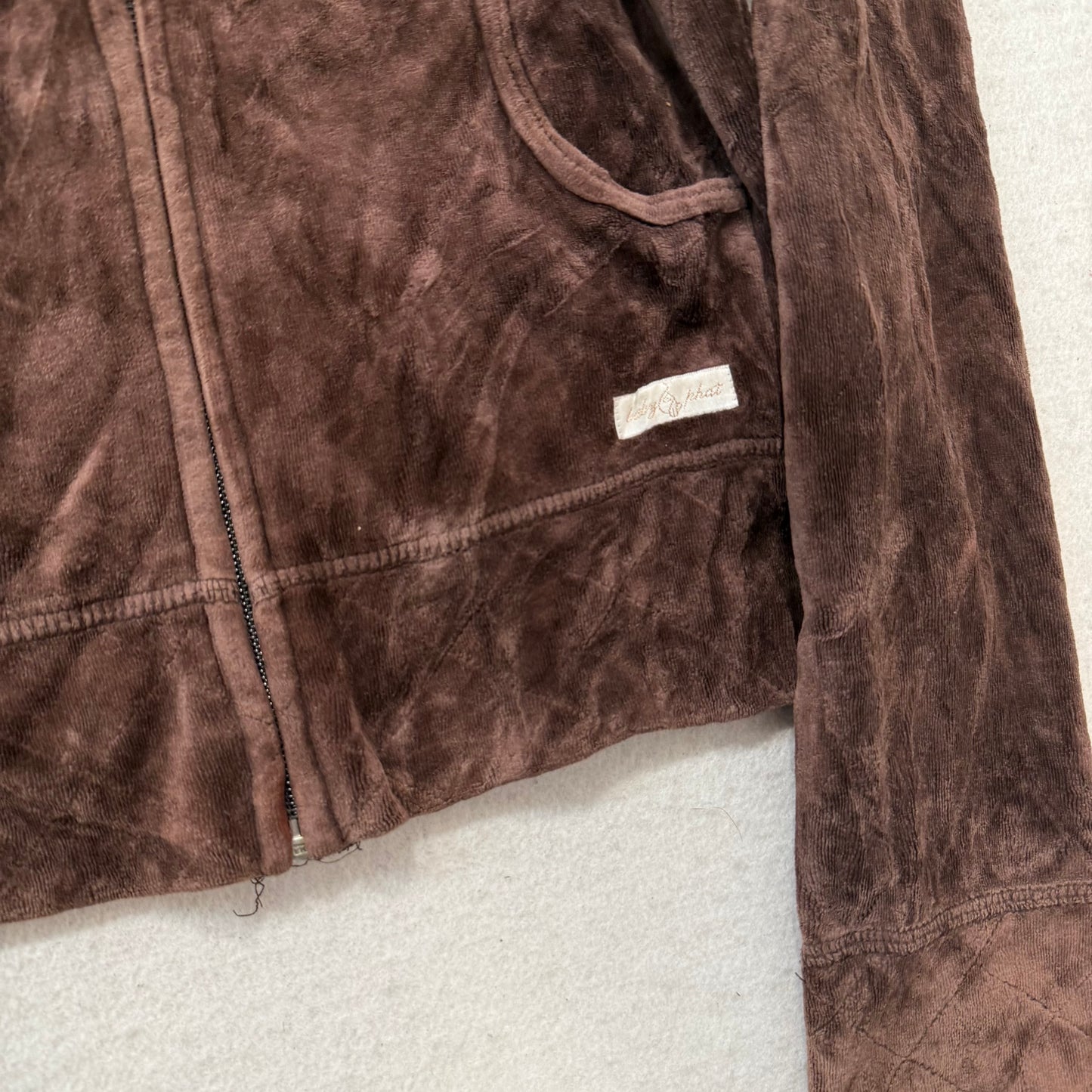Vintage Baby Phat Womens Dark Brown Velour Zip Up Hoodie Embroidered Logo Size L