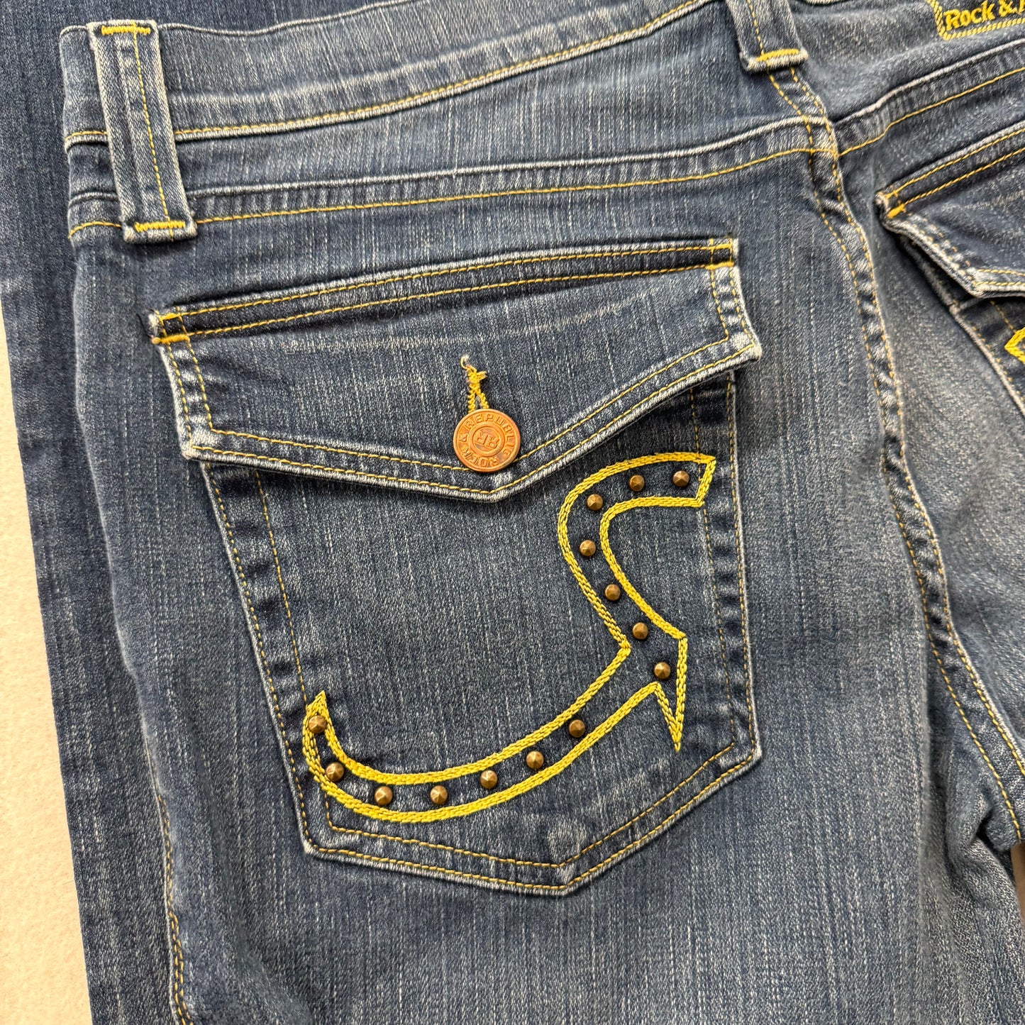 Rock & Republic Kasandra Blue Flared Bootcut Jeans Embroidered Low Rise Size 33