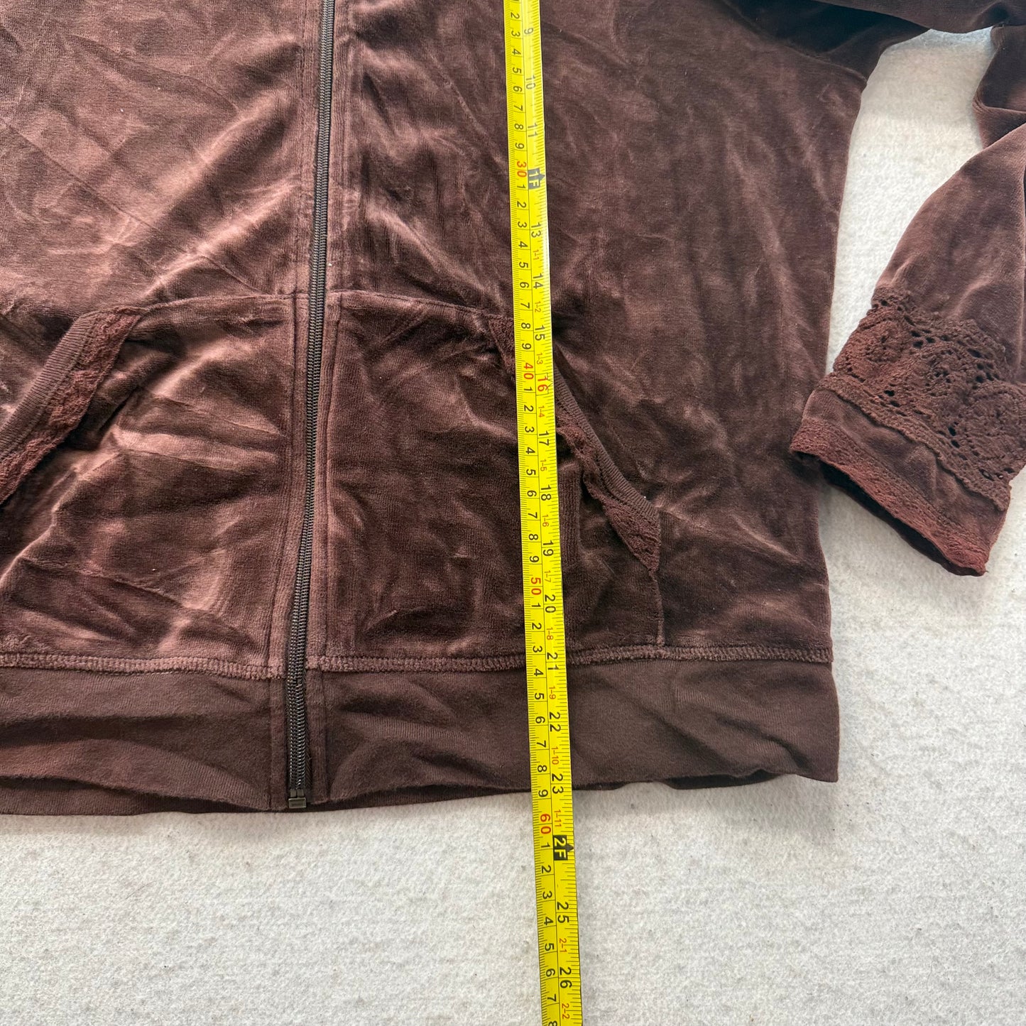 Juicy Couture Women's Dark Brown Velour Zip-Up Hoodie Lace Cuffs Pocket Size XL