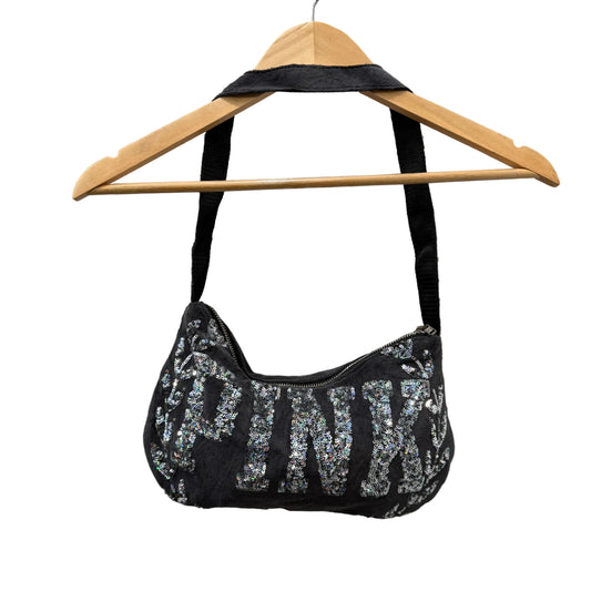 PINK Victoria Secret Black Velour Casual Wear Sequins Logo Shoulder Baguette Bag