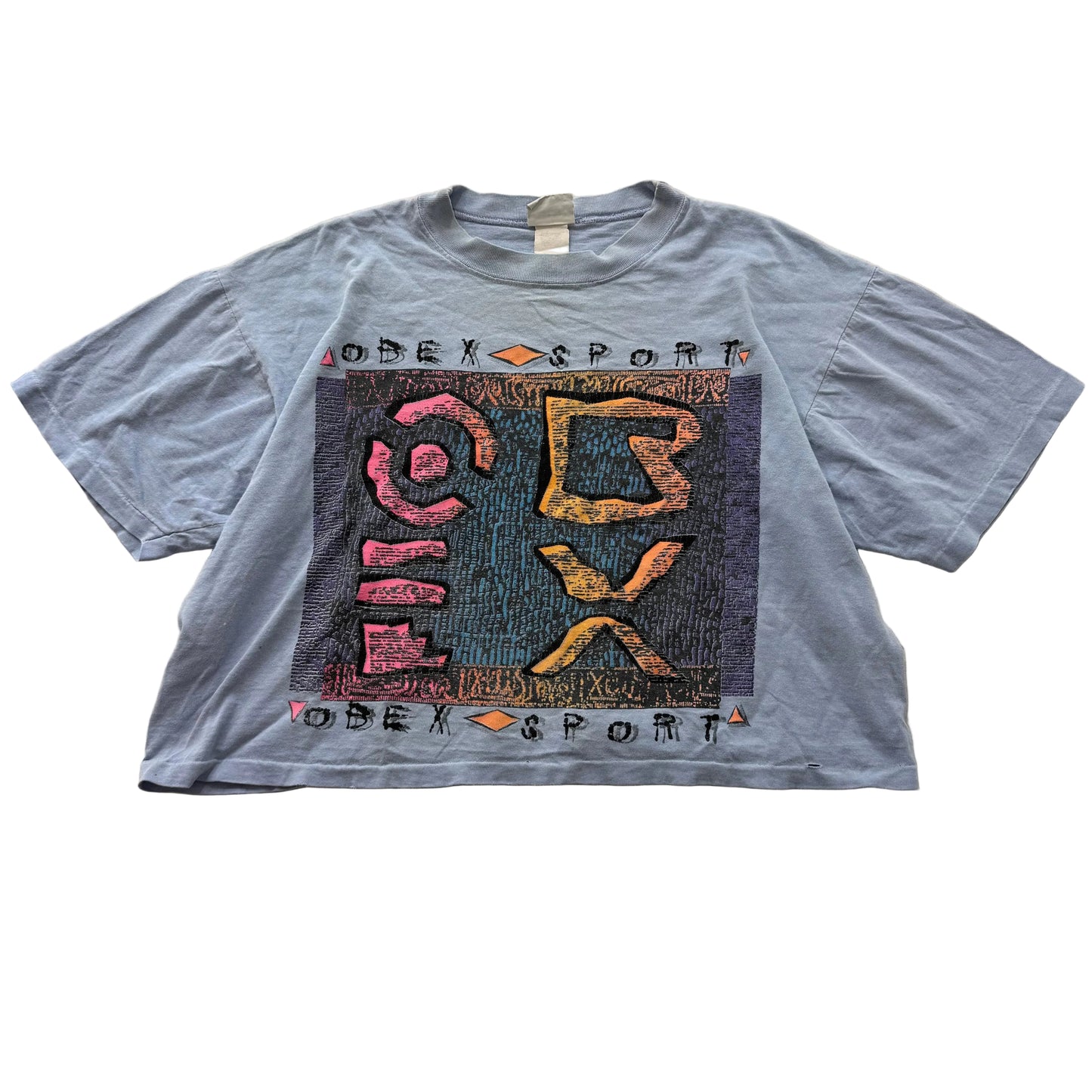 Vintage OBEX Sport Women's Faded Blue Graphic Crop Top T-Shirt Boxy Fit Size XL