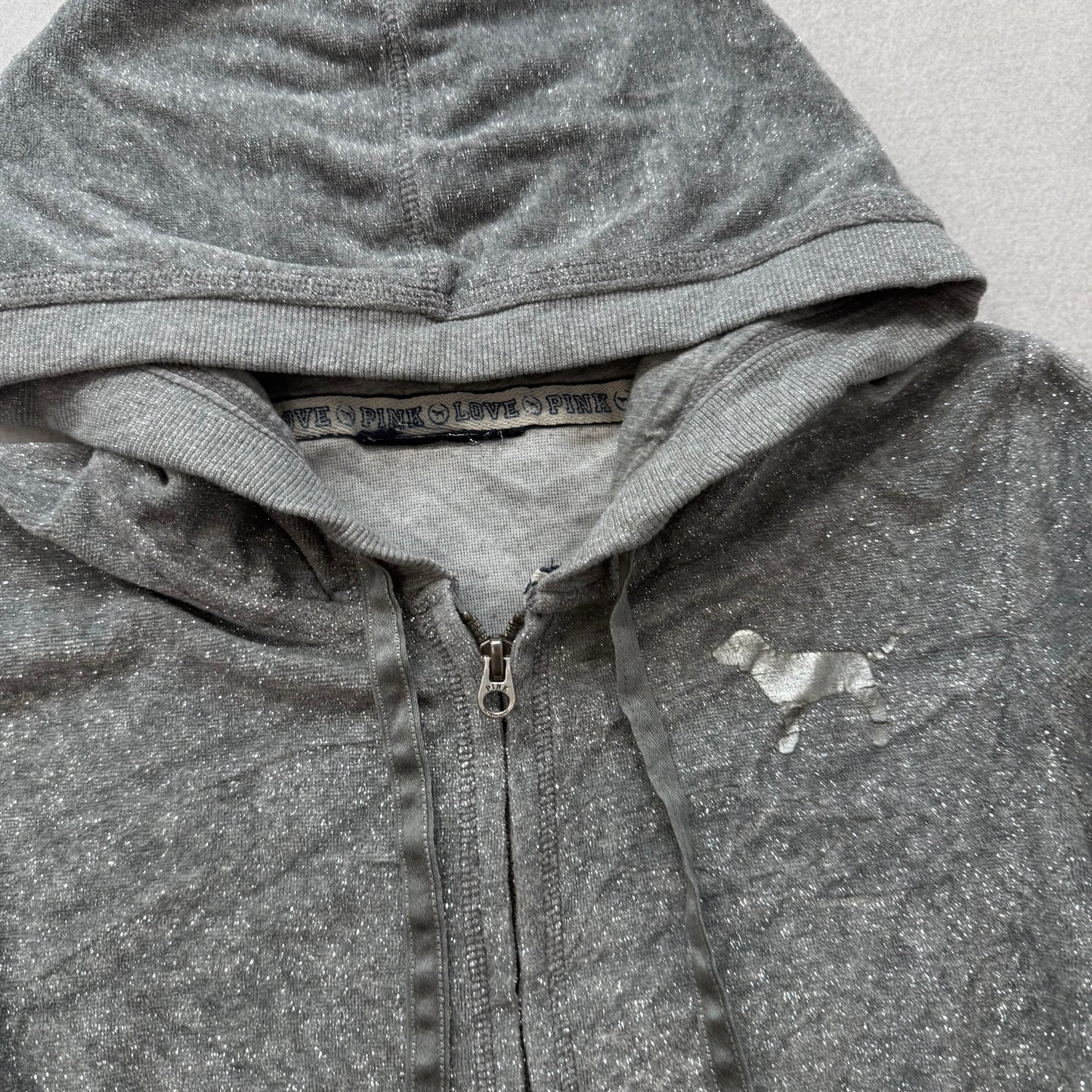 PINK Victoria's Secret Women's Gray Full Zip Hoodie Sequins Heart Logo Size S