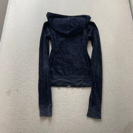 Vintage Juicy Couture Womens Navy Velour Zip-Up Hoodie Streetwear Pockets Size S