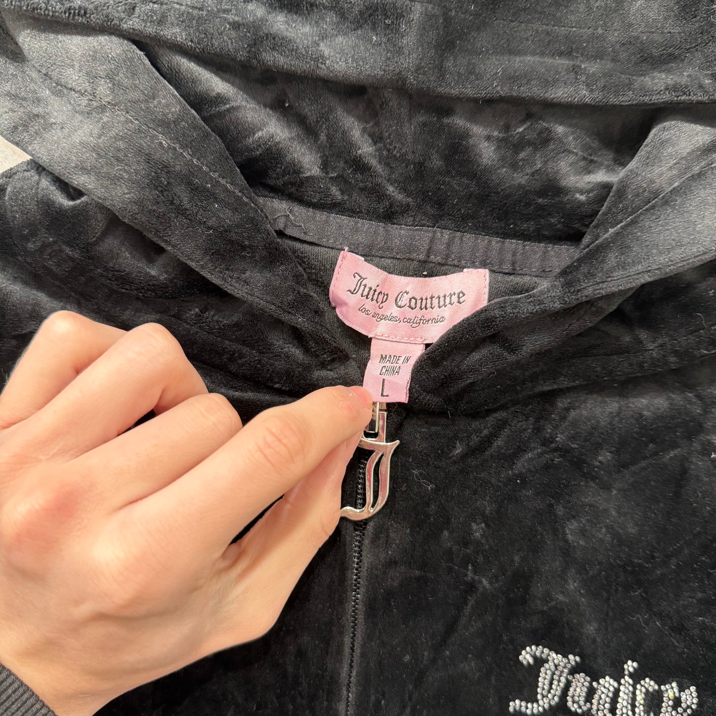 Juicy Couture Jet Black Velour Tracksuit Set Zip Up Hoodie & Flared Pant Size L