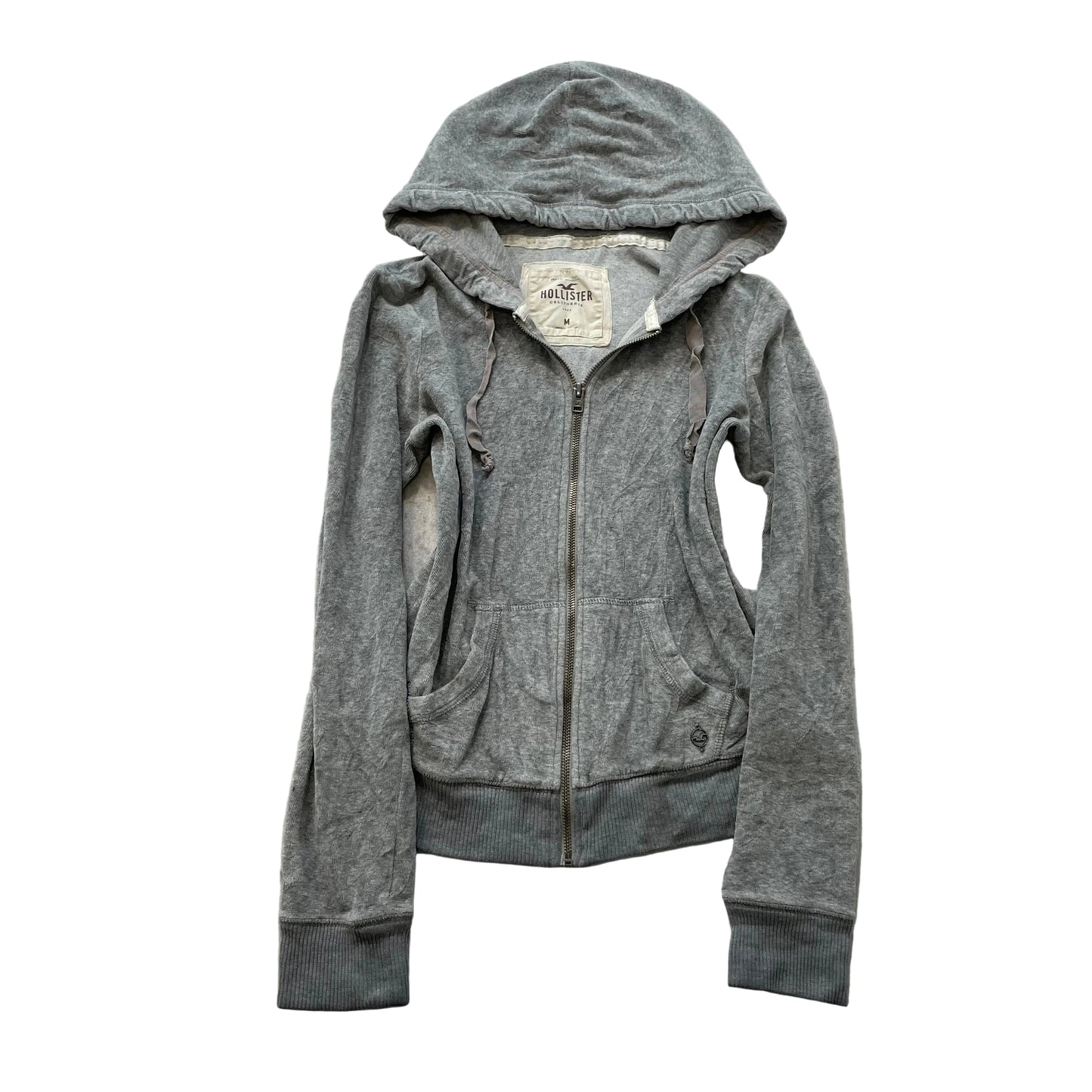 Hollister Women's Gray Velour Zip-Up Hoodie Drawstring Pockets Loungewear Size M