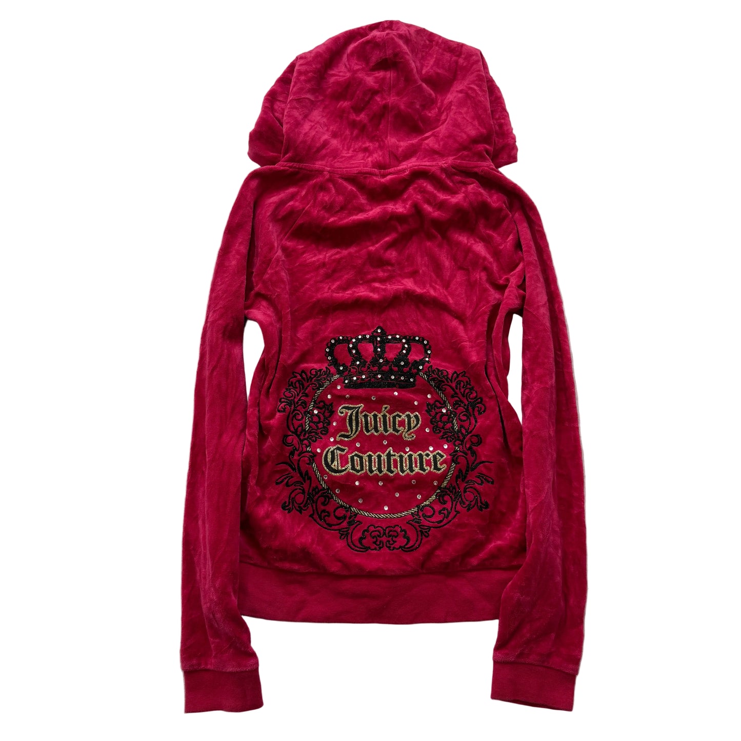 Juicy Couture Women's Red Velour Zip-Up Hoodie Rhinestones Graphic Logo Size XS