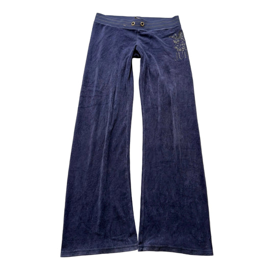 Juicy Couture Women's Deep Blue Velour Flare Leg Track Pant Graphic Logo Size M