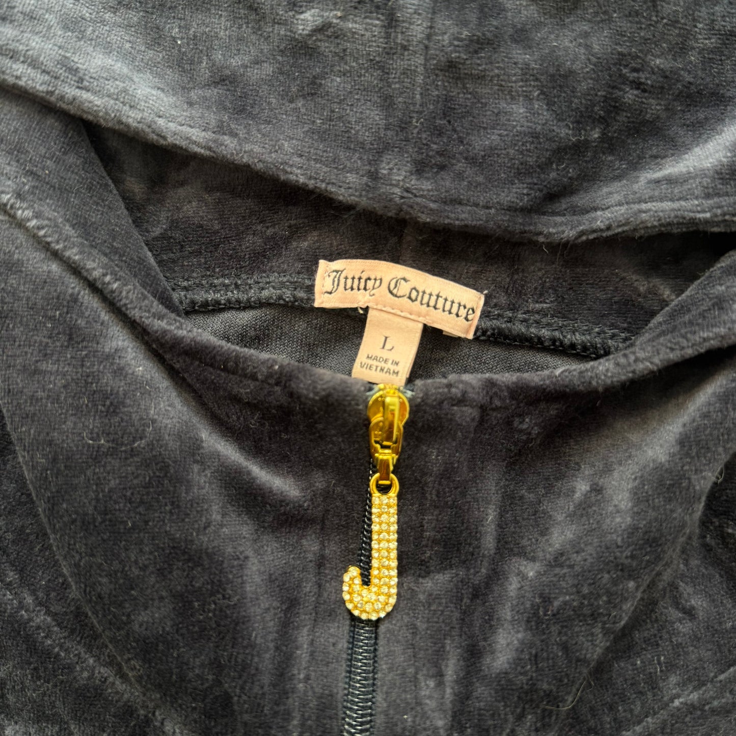 Juicy Couture Women's Navy Velour Zip-Up Hoodie Rhinestone Gold Zipper Size L