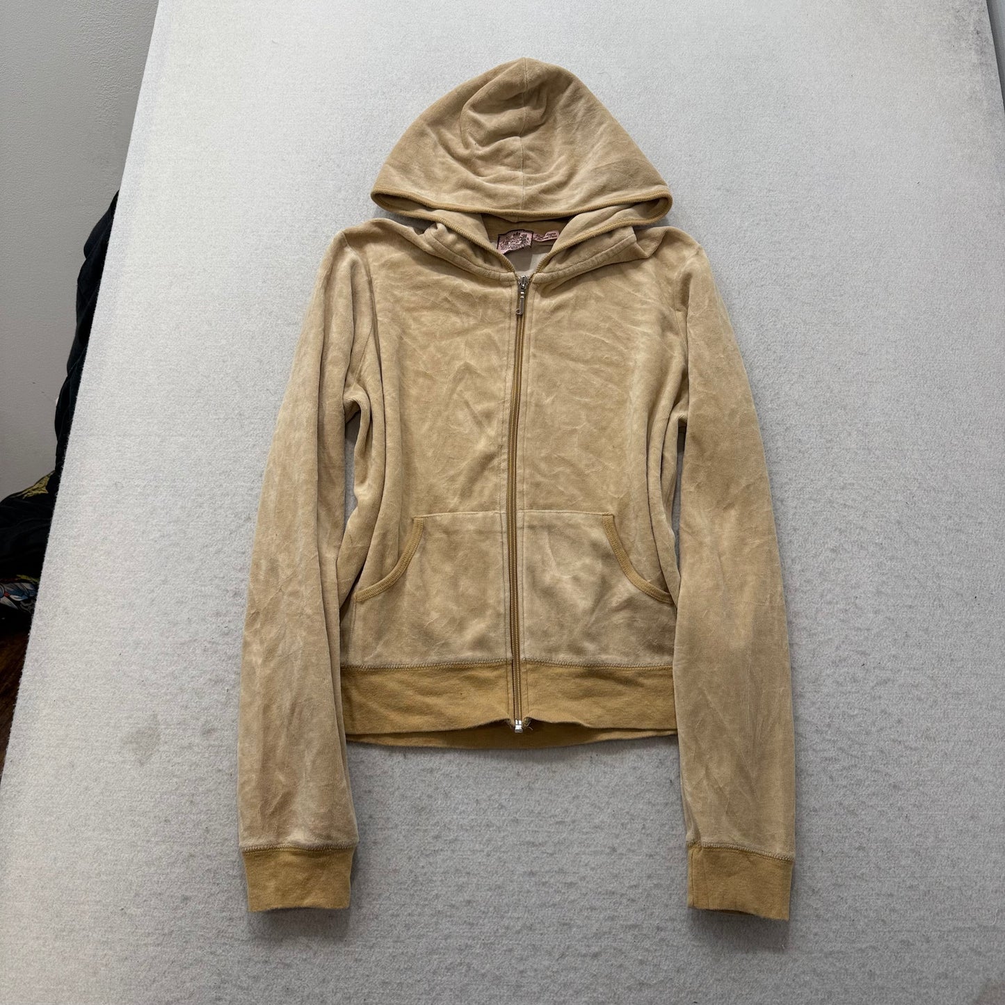 Vintage Juicy Couture Women's Tan Velour Full Zip Hoodie Graphic Logo Y2k Size L
