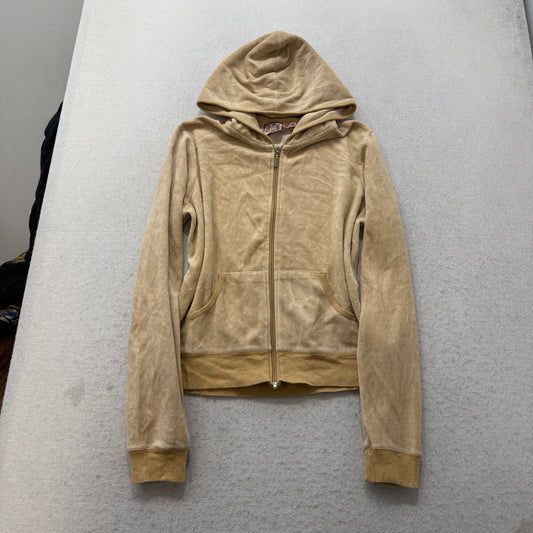 Vintage Juicy Couture Women's Tan Velour Full Zip Hoodie Graphic Logo Y2k Size L