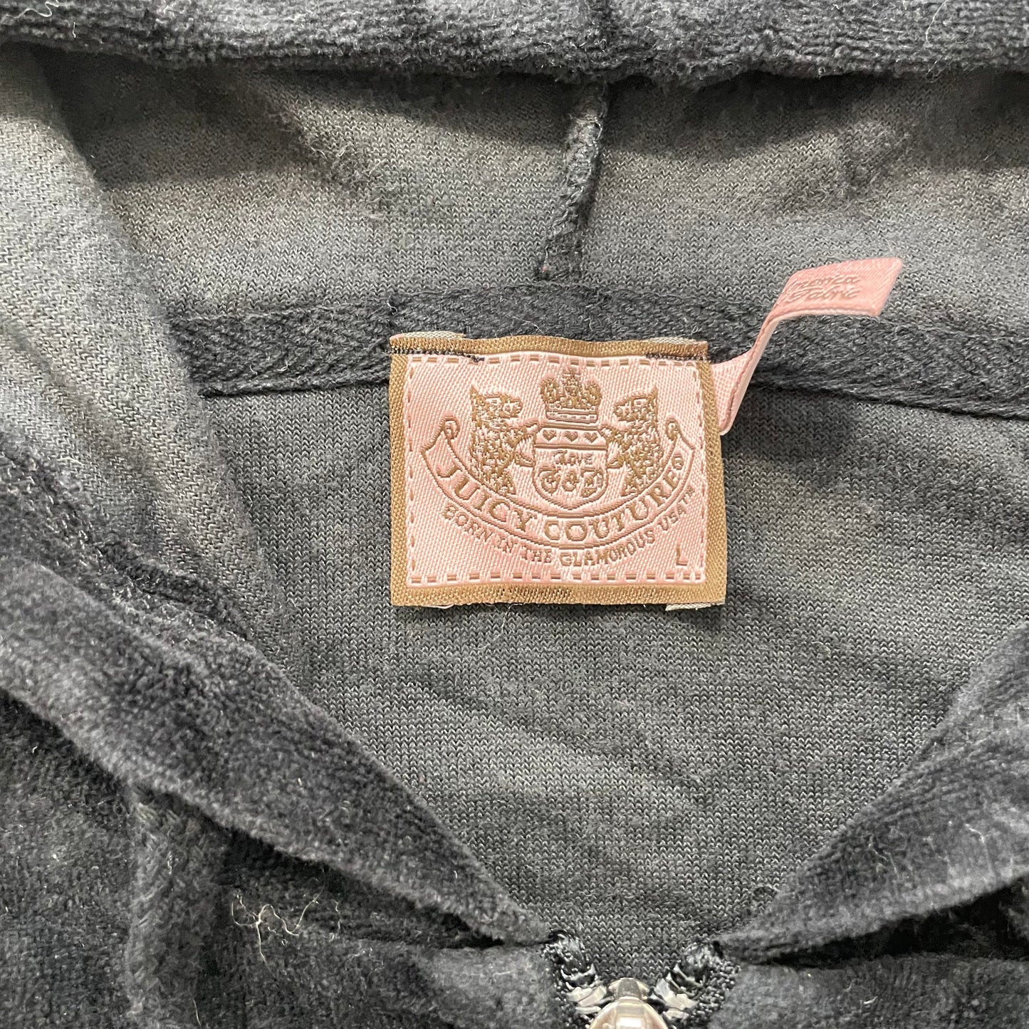 Vintage Juicy Couture Women Black Velour Zip-Up Hoodie Drawstring Pockets Size L