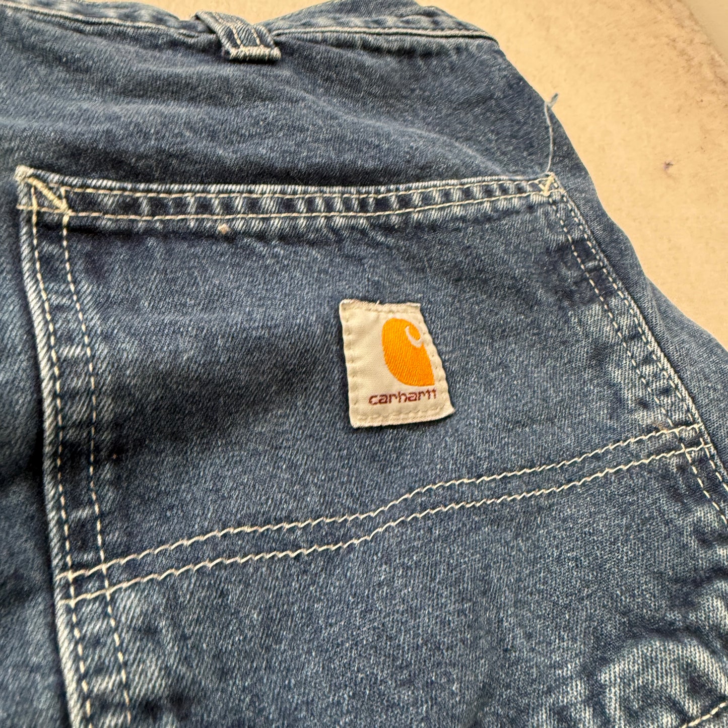 Carhartt Men's Blue Denim Carpenter Jeans Dungaree Fit Pockets Logo Size 36x32