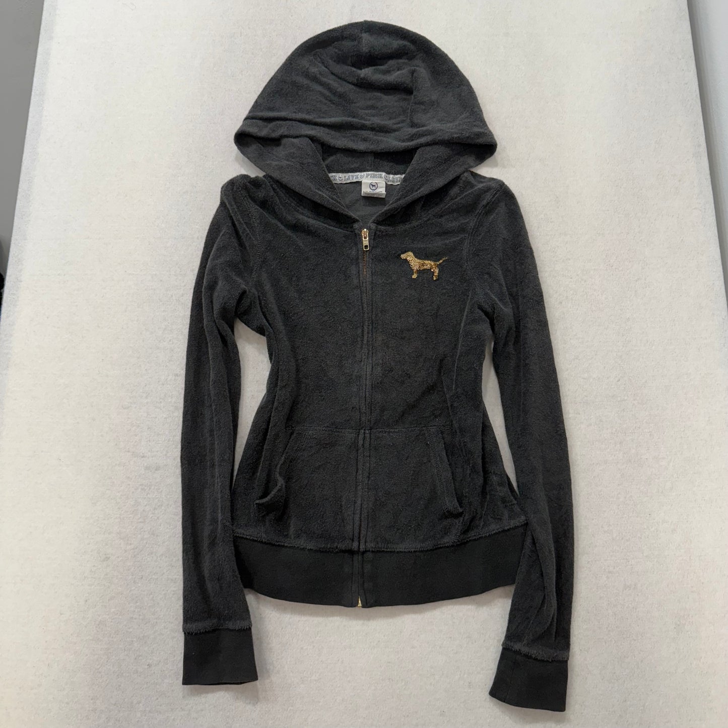 Vintage Victoria’s Secret Love PINK Black Terry Cloth Sequin Hoodie Size XS
